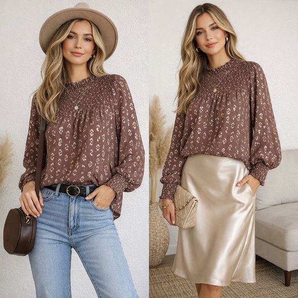 Mystree Tops - Mystree Brown and Gold Smocked Blouse